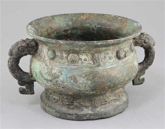 A large Chinese archaic bronze ritual food vessel, Gui, early Western Zhou dynasty, 11th/10th century B.C., 26cm, repairs